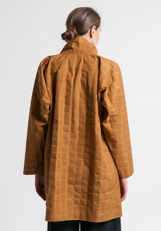 Issey Miyake Long Crumpled Grid Jacket in Copper