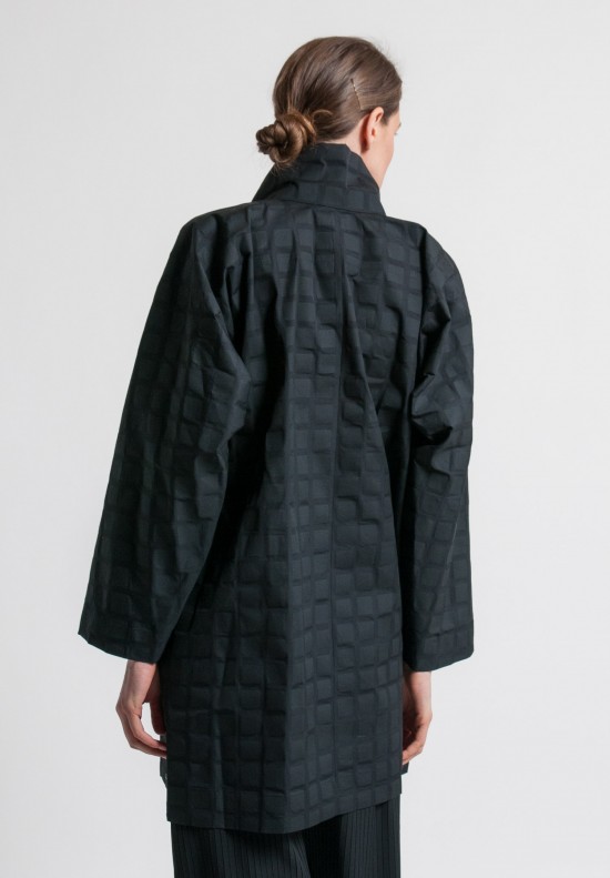 Issey Miyake Long Crumpled Grid Jacket in Black