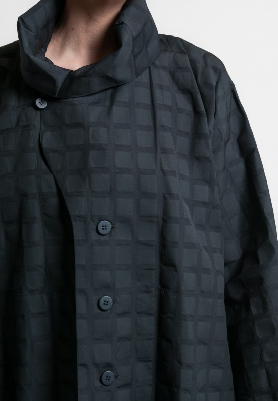 Issey Miyake Long Crumpled Grid Jacket in Black