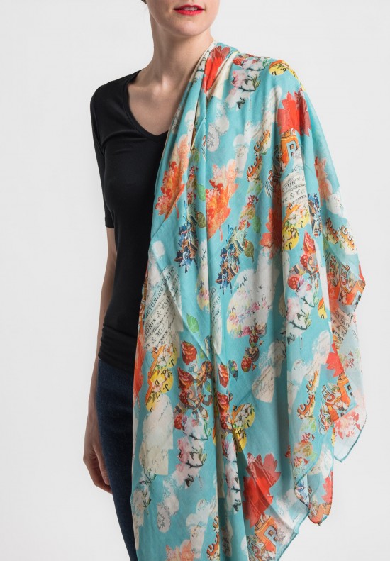 Benny Setti Modal/Cashmere Wrapping Paper Print Scarf in Blue	