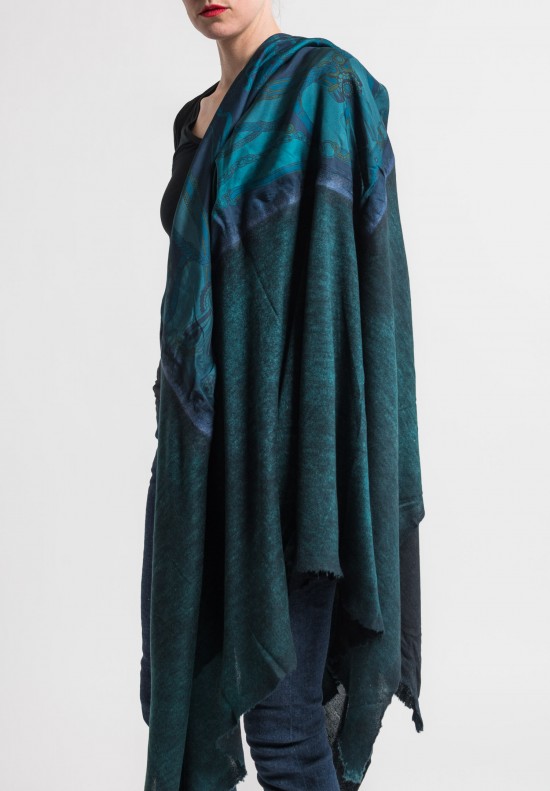 Avant Toi Jumbo Felted Silk Ropes & Bits Print Shawl in Turquoise	