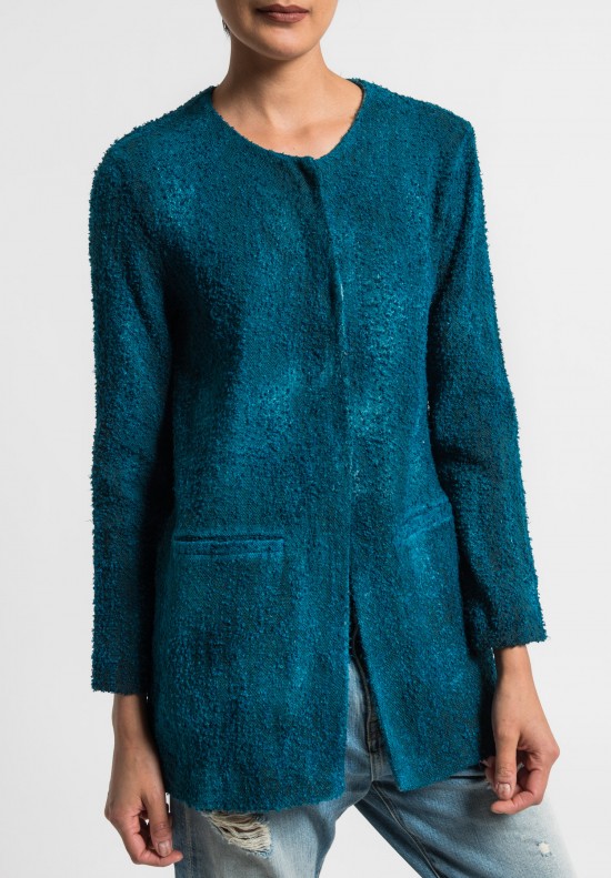 Avant Toi Linen/Cotton Boucle Collarless Jacket in Turquoise	