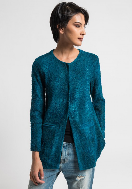 Avant Toi Linen/Cotton Boucle Collarless Jacket in Turquoise	