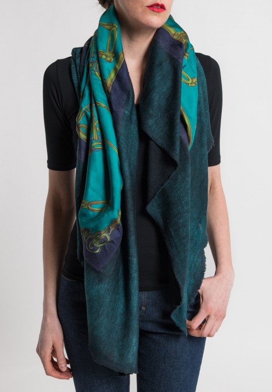 Avant Toi Felted Silk Saddle & Stirrups Print Scarf in Turquoise	