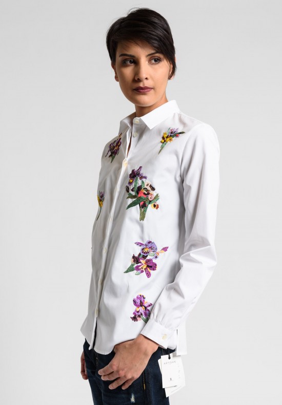 Etro Floral Embroidered and Beaded Cotton Shirt in White	