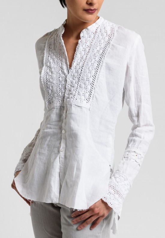 Greg Lauren Linen Eyelet Bib Tux Shirt in White	