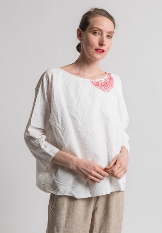 Daniela Gregis Washed Cotton Embroidered Neck Top in White	