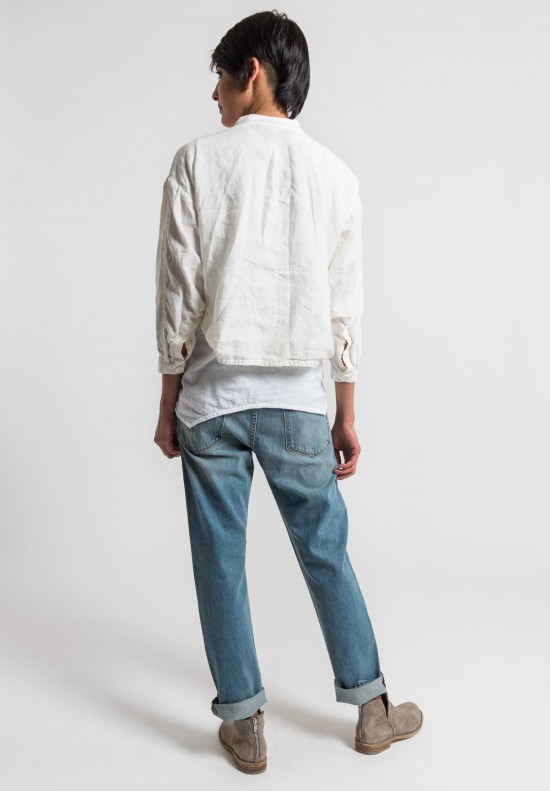 Umit Unal Linen Pleat and Tie Front Jacket in Off White	