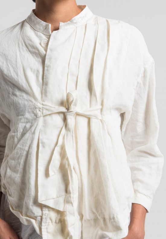 Umit Unal Linen Pleat and Tie Front Jacket in Off White	