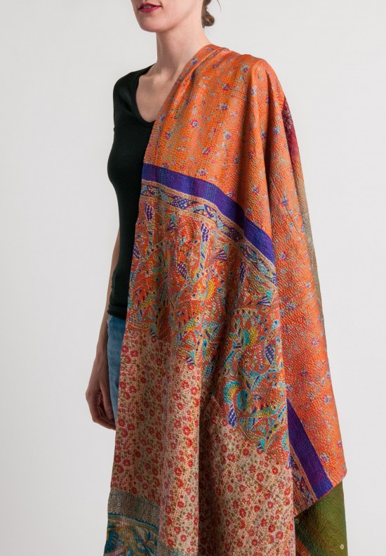Mieko Mintz Vintage Silk Patched Shawl in Orange/Teal