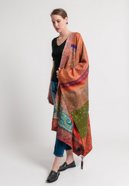 Mieko Mintz Vintage Silk Patched Shawl in Orange/Teal
