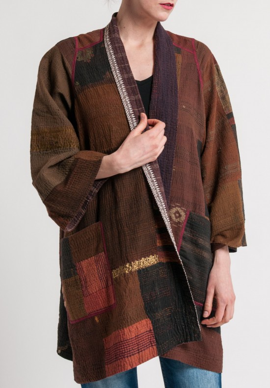 Mieko Mintz 2-Layer Vintage Cotton Brocade Patch A-Line Jacket in Brown