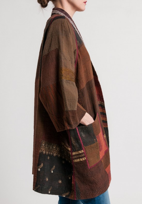Mieko Mintz 2-Layer Vintage Cotton Brocade Patch A-Line Jacket in Brown