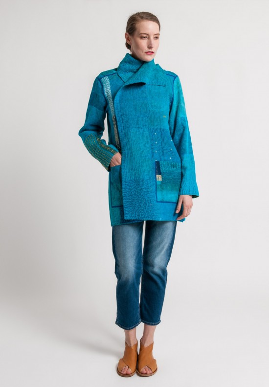 Mieko Mintz 4-Layer Vintage Cotton/Silk Brocade Patched Pocket Jacket in Turquoise