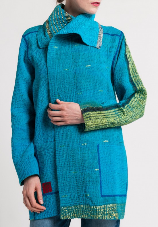 Mieko Mintz 4-Layer Vintage Cotton/Silk Brocade Patched Pocket Jacket in Turquoise