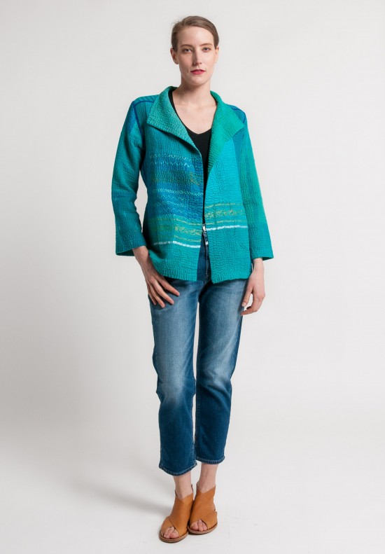 	Mieko Mintz 4-Layer Vintage Cotton/Silk Brocade Patched Short Jacket in Turquoise