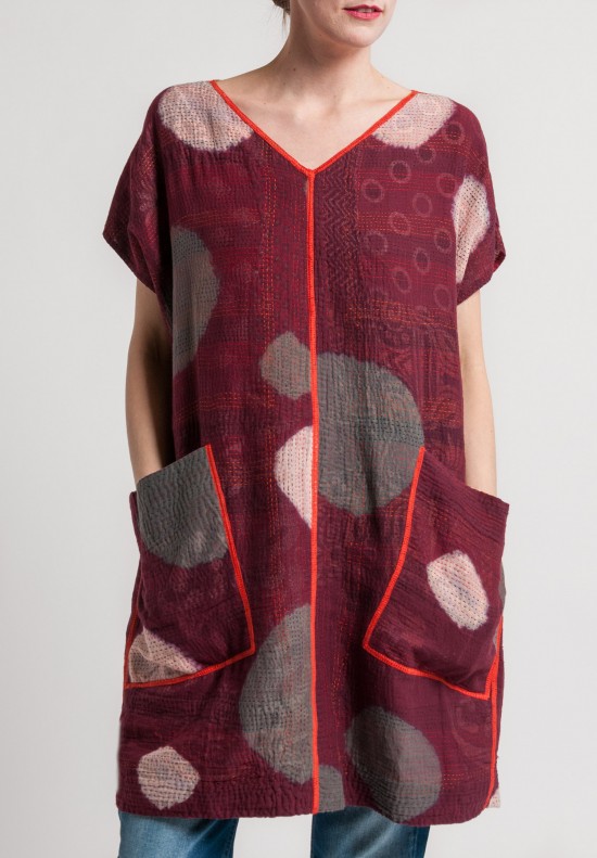 	Mieko Mintz Patch & Circle Print French Sleeve Tunic in Red/Brown