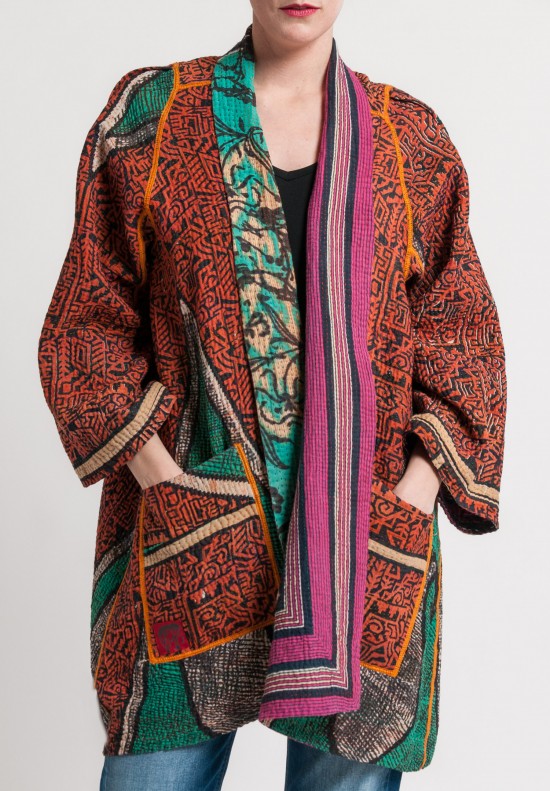	Mieko Mintz 4-Layer Vintage Cotton A-Line Jacket in Rust/Turquoise