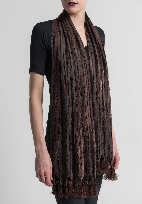 Sophie Hong Stitched Silk Ribbon and Tassel Scarf in Brown	