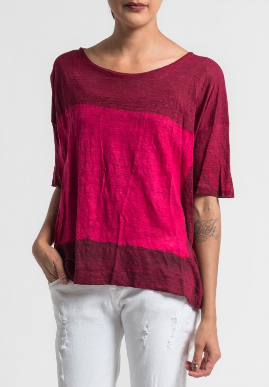 Gilda Midani Pattern Dyed Linen Short Sleeve Tee in Pink/Blood	