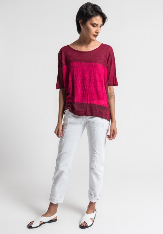 Gilda Midani Pattern Dyed Linen Short Sleeve Tee in Pink/Blood	