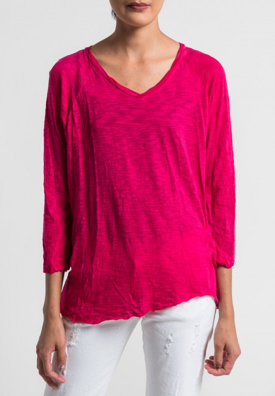 Gilda Midani Solid Dyed V-Neck Long Sleeve Tee in Pink	