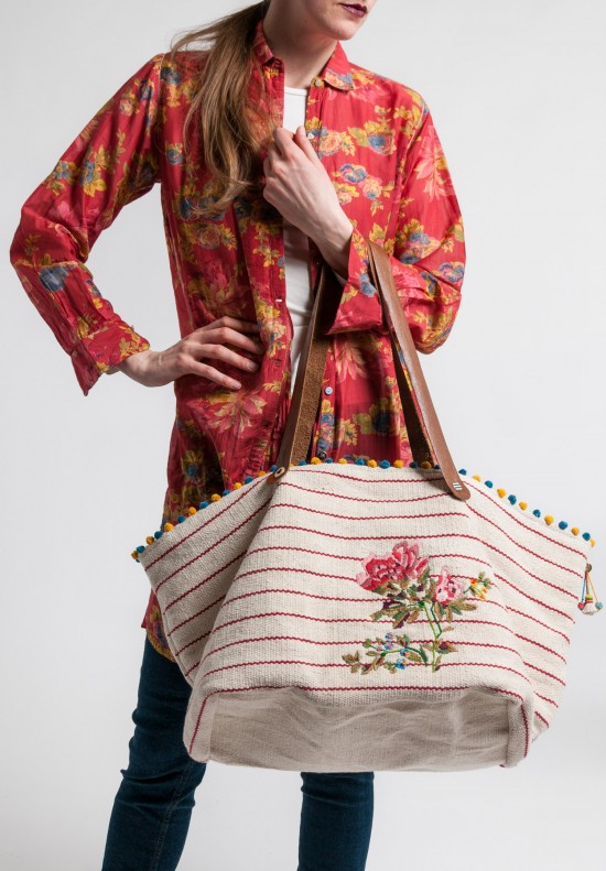Péro Embroidered & Beaded Cotton and Leather Tote in Red/Natural	