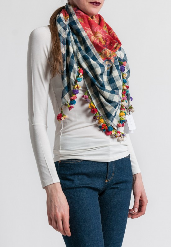Péro Cotton/Silk Adornment Rumal Scarf in Blue Gingham/Red Floral	