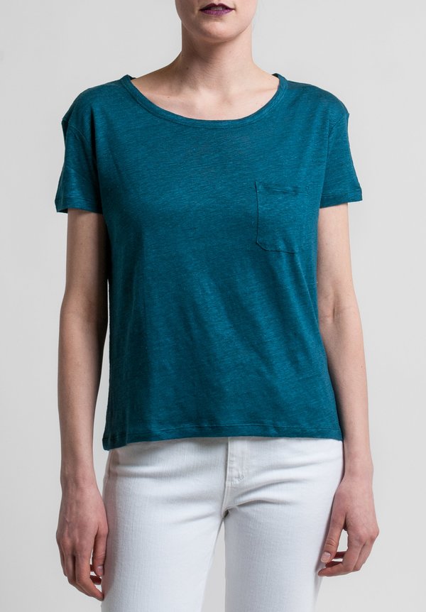 Majestic Linen/Silk Relaxed Round Neck Tee in Pacific Blue	