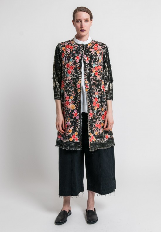 By Walid Antique Silk Piano Shawl Coat in Black/Pink	
