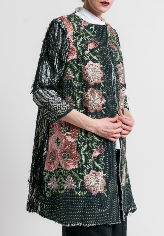 By Walid Antique Silk Piano Shawl Coat in Black/Pale Pink	