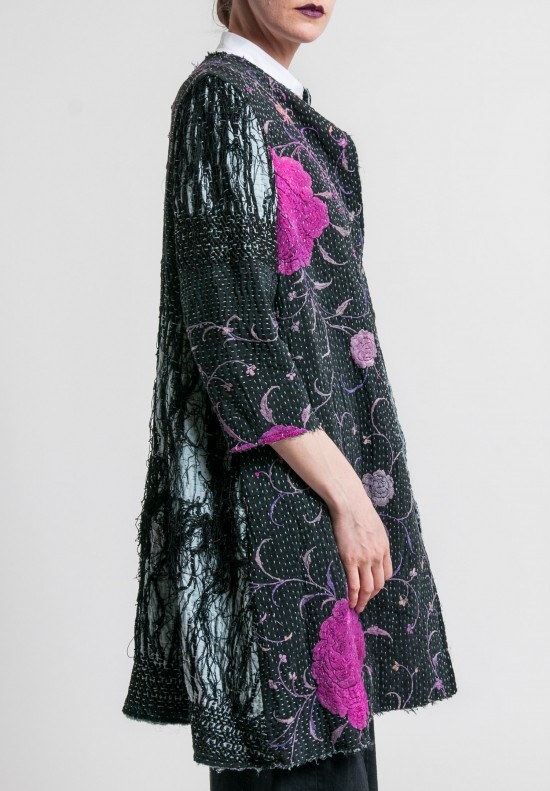 By Walid Antique Silk Piano Shawl Coat in Black/Purple	