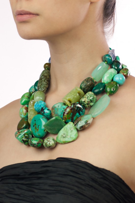 Monies Turquoise, Jade, Agate, Chrysoprase Necklace. Large, smooth chunks of Turquoise, Jade, Agate and Chrysoprase hang from a 3 strand design. Completely dramatic and organic. Material: Turquoise, Jade, Agate, Chrysoprase, Leather Color: Green Length: 1