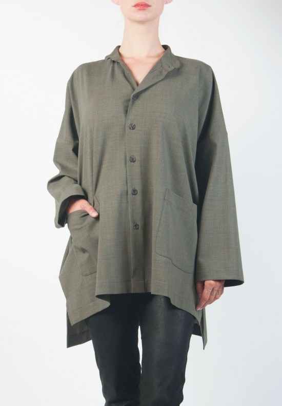 Eskandar Light Woven Wool Shirt in Olive