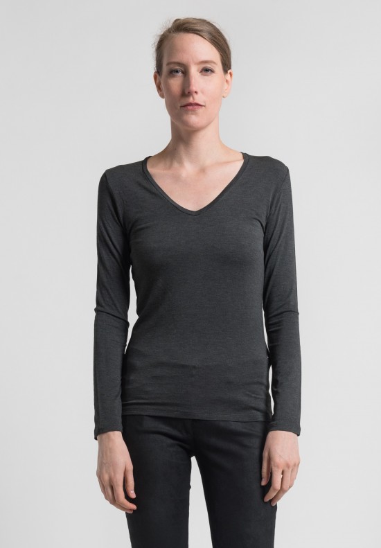 Majestic Long Sleeve V-Neck Top in Charcoal	