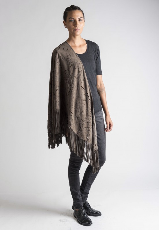  	Treasures Perforated Fringed Circular Suede Stole in Taupe