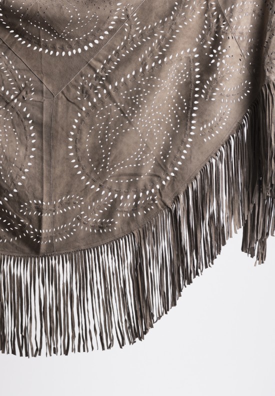  	Treasures Perforated Fringed Circular Suede Stole in Taupe