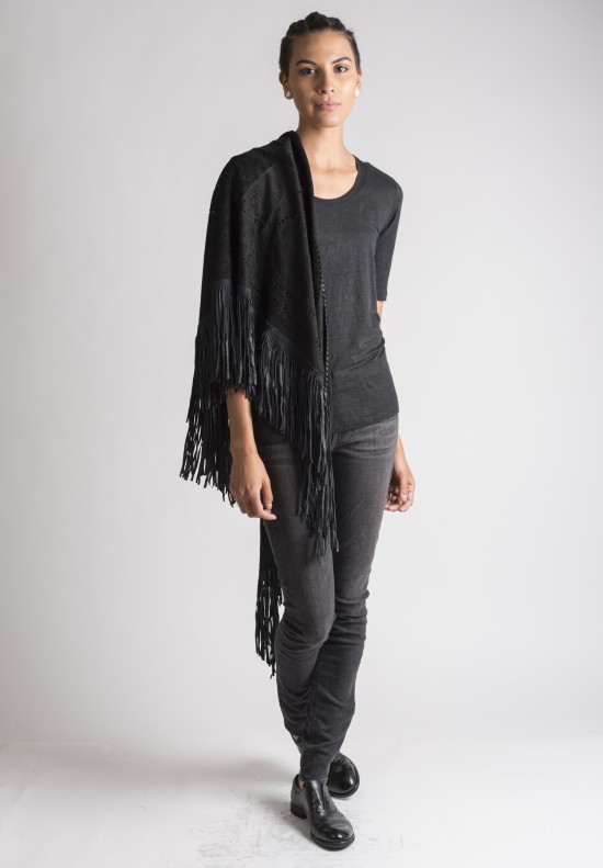  	Treasures Perforated Grey Fringed Triangular Suede Scarf/Stole in Black