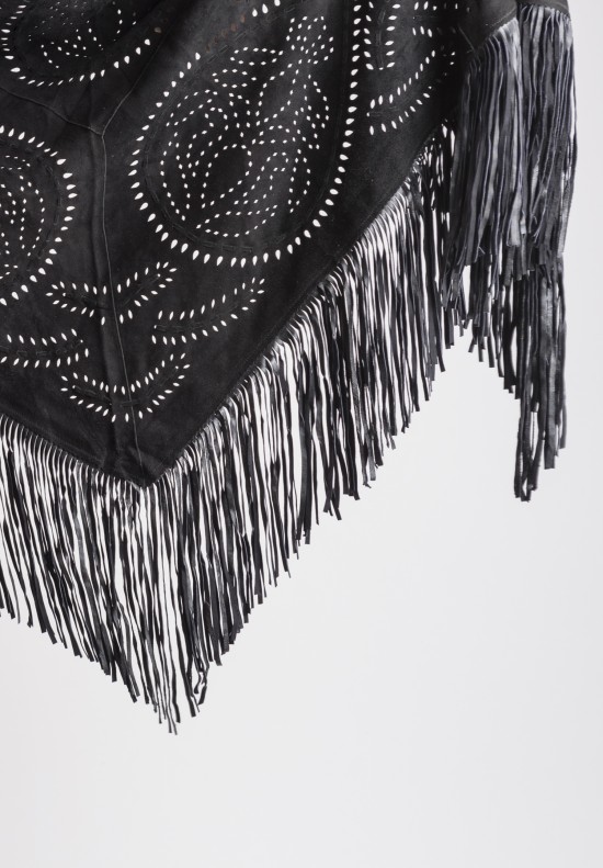 	Treasures Perforated Grey Fringed Triangular Suede Scarf/Stole in Black