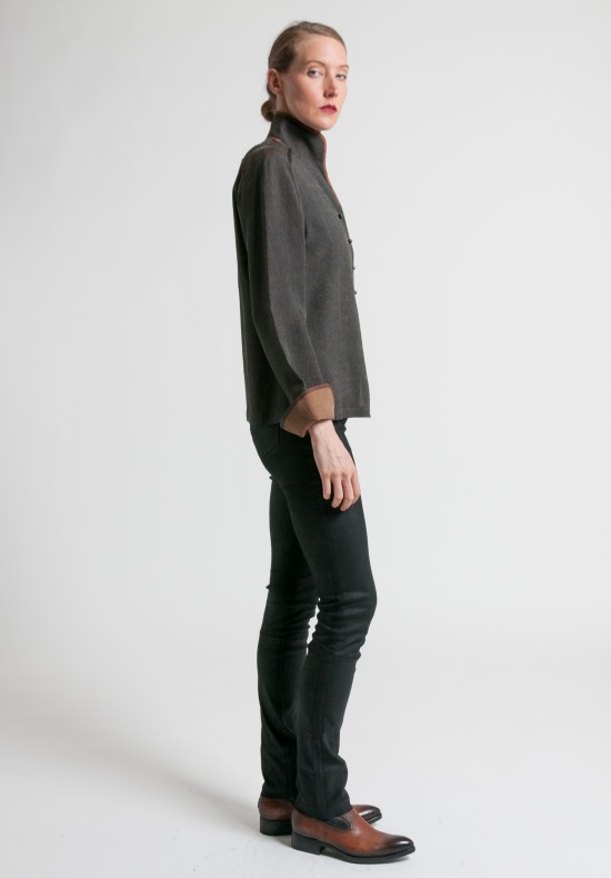 Sophie Hong Mandarin Collar Textured Silk Top in Black	