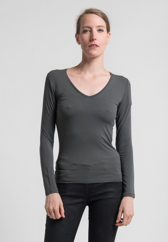 Majestic Long Sleeve V-Neck Top in Grey	