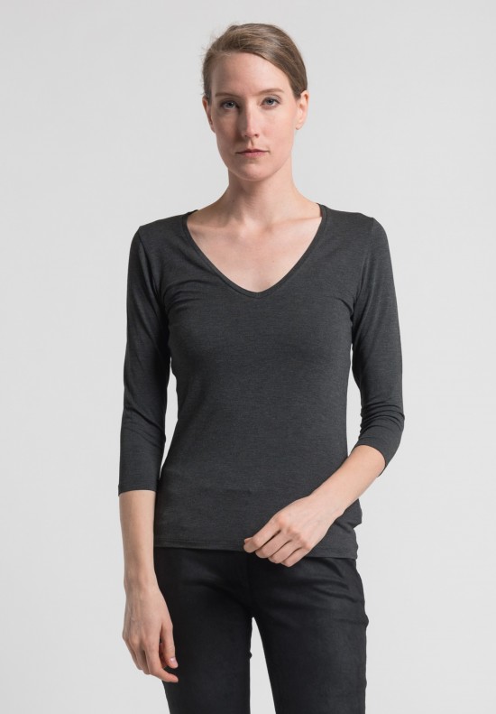Majestic 3/4 Sleeve V-Neck Top in Charcoal	