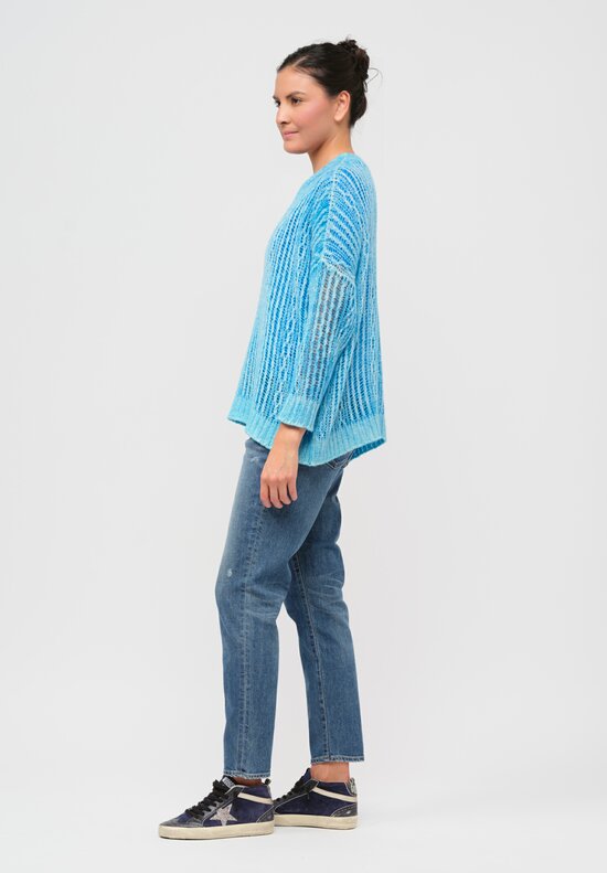 Avant Toi Hand-Painted Cashmere & Silk Loose Weave Lozenge Sweater in Curacao Blue	