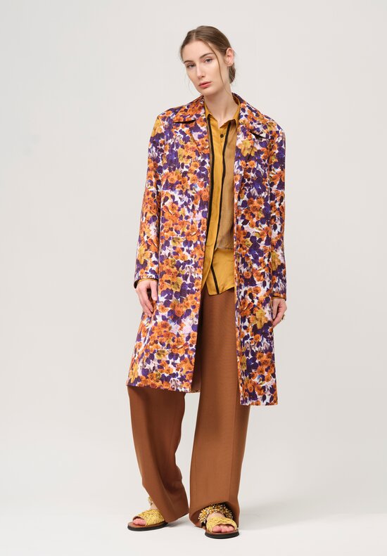Dries Van Noten Silk Abstract Floral Rolta Coat in Orange & Purple Multicolor
