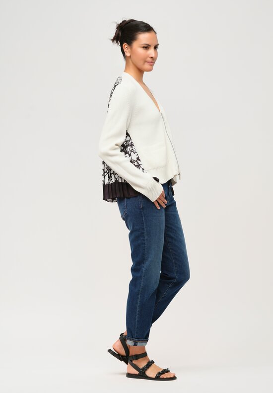 Sacai Pleated Floral Back Cardigan in Ivory & Black	