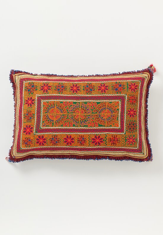 Antique and Vintage Thar Silk Embroidered Lumbar Pillow in Orange & Fuchsia Pink Multi	