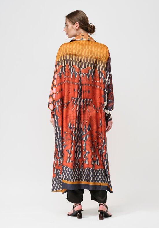 Biyan Silk Ryke Patchwork Print Coat in Copper & Yellow Multi
