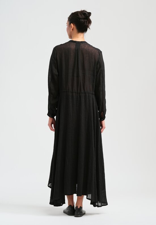 Kaval Linen Gauze Long Button-Up Dress in Black	