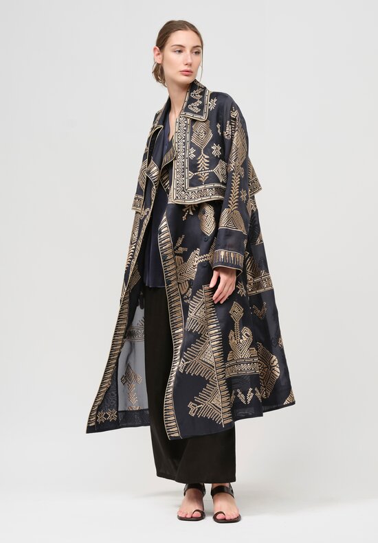 Biyan Silk Organza Embroidered Ratovina Light Trench Coat in Navy Blue