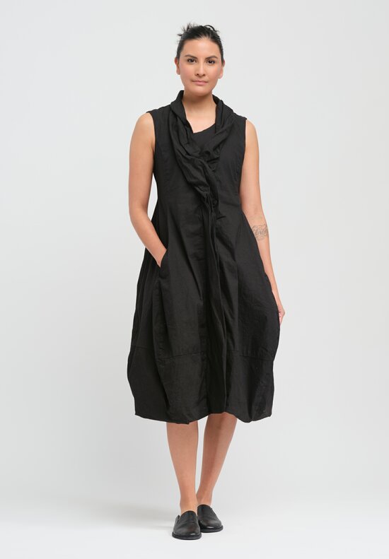 Rundholz Dip Cotton Ruched Neck, Button Front Tulip Dress in Black	